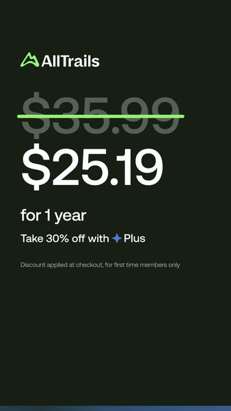 AllTrails vertical ad: $35.99 crossed out with a green line above $25.19 for 1 year, 30% off Plus, dark background