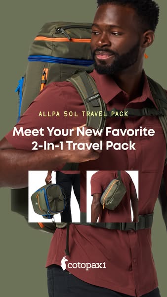 Smiling man wearing an olive Cotopaxi Allpa 50L travel pack with two inset photos of its detachable hip pack