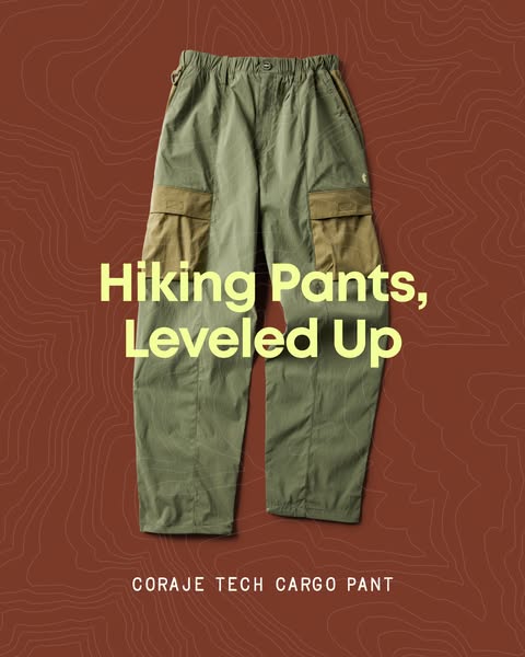 Olive green Cotopaxi Coraje tech cargo pants flat-lay on a rust red background with topographic map lines