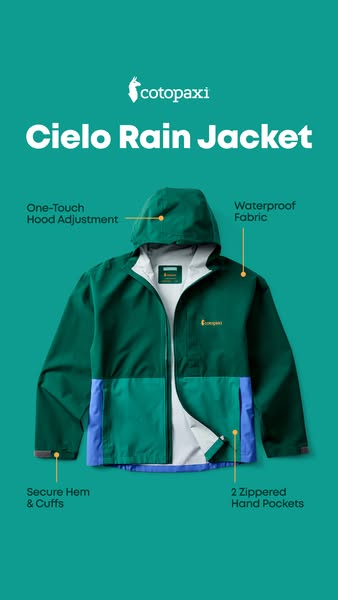 Green and blue Cotopaxi Cielo rain jacket on a teal background with callouts for hood, fabric, cuffs and pockets