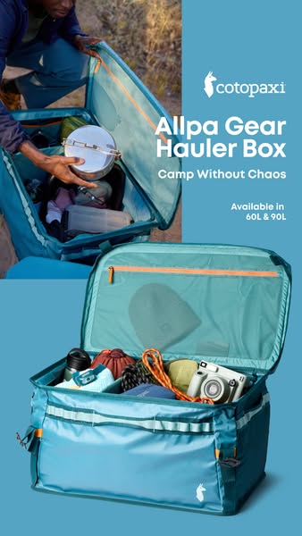 Open blue Cotopaxi Allpa gear hauler box packed with camping gear plus a photo of a person packing it outdoors