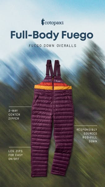 Plum Cotopaxi Fuego down overalls with striped chest over a blurred mountain forest with three feature callouts