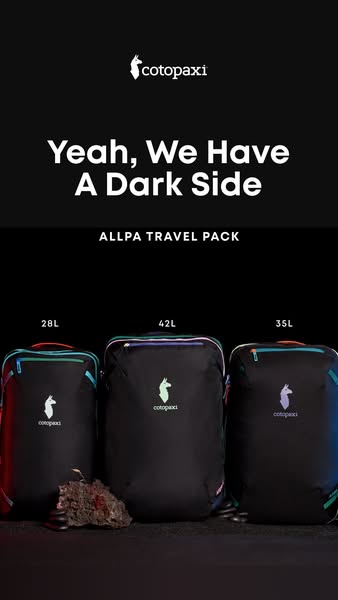 Three black Cotopaxi Allpa travel backpacks in 28L, 42L and 35L sizes with colored logos on a dark background