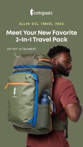 Man in profile wearing an olive Cotopaxi Allpa 50L travel pack with a callout pointing to its zip-off attachment