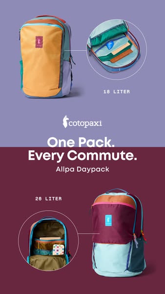 Cotopaxi Allpa daypacks in 18 and 26 liter sizes on lilac and plum backgrounds with circular inside views