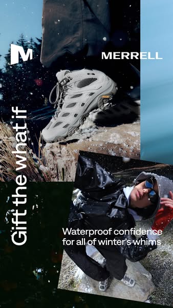 Collage of a grey Merrell waterproof mid boot on snowy rock and a person in a black puffer in falling snow