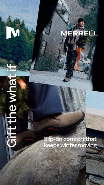 Collage of a brown Merrell slip-on shoe on a rock and a person carrying a wrapped Christmas tree down a snowy street