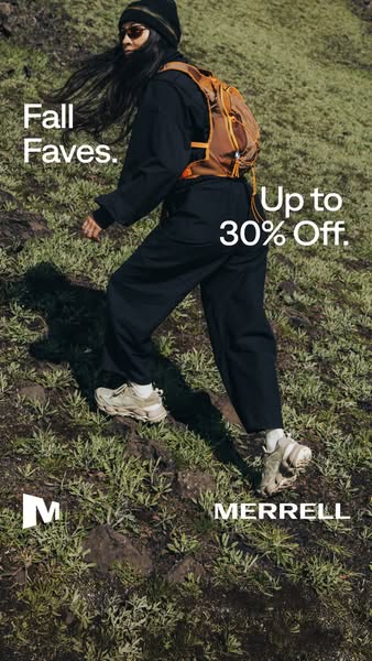 Woman in black with an orange backpack hikes a grassy slope in beige Merrell shoes, Up to 30% Off text
