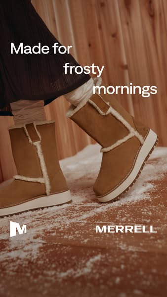 Legs in tan suede Merrell winter boots with cream fleece lining walk across a frosty wooden deck, skirt hem above
