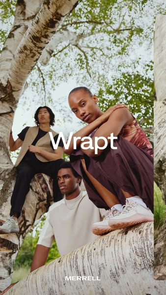 Three young people pose on white birch trees wearing white Merrell Wrapt shoes, one looking at the camera