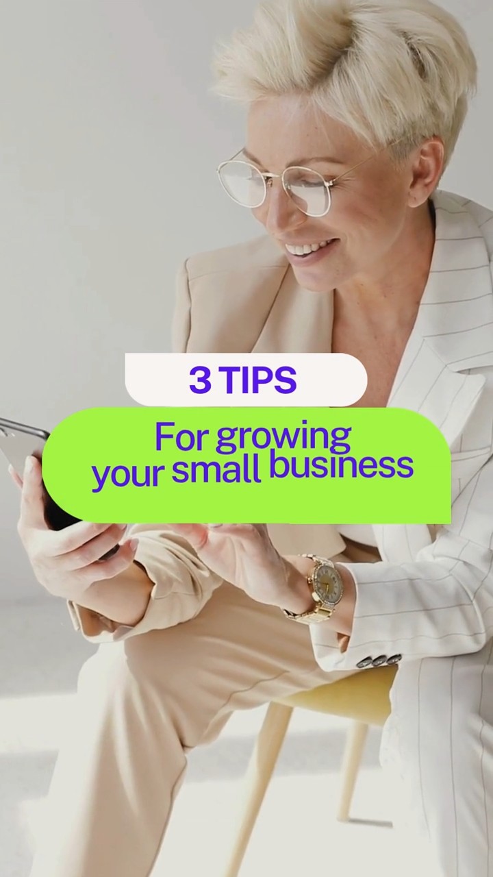 Vertical video ad: businesswoman in a cream suit with lime-green text bubbles listing 3 tips for growing a small business