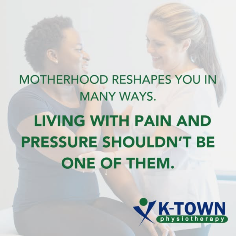 Physiotherapy ad showing a new mother with a physiotherapist and green text about postpartum pain and pressure