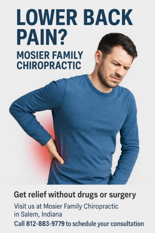 Chiropractic ad with a man holding his lower back under the headline Lower back pain and a drug-free relief message