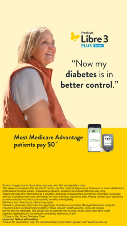 Diabetes care ad showing a smiling older woman wearing a FreeStyle Libre sensor with the quote Now my diabetes is in better control