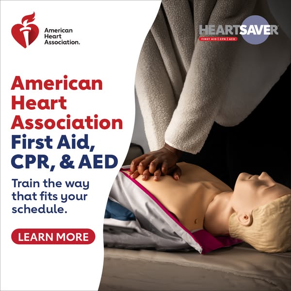 Hands performing chest compressions on a CPR manikin next to AHA Heartsaver First Aid, CPR and AED text and button