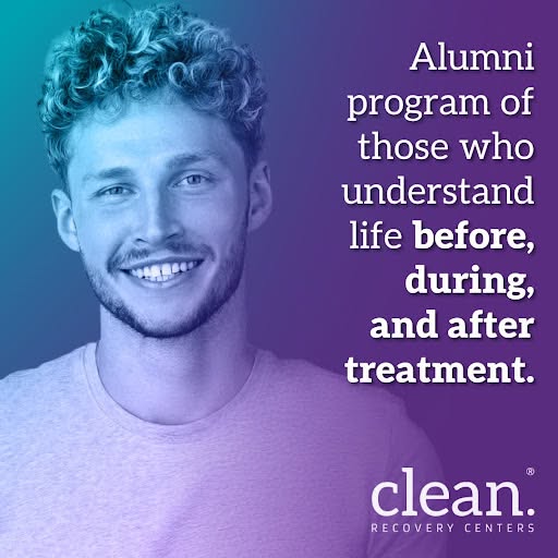 Smiling young man with curly hair under a teal-to-purple overlay next to text about an alumni recovery program