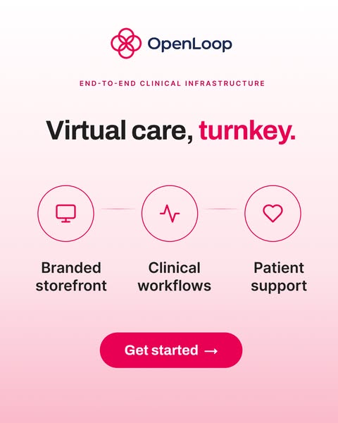 OpenLoop headline Virtual care, turnkey with three icons for storefront, workflows and support, pink CTA