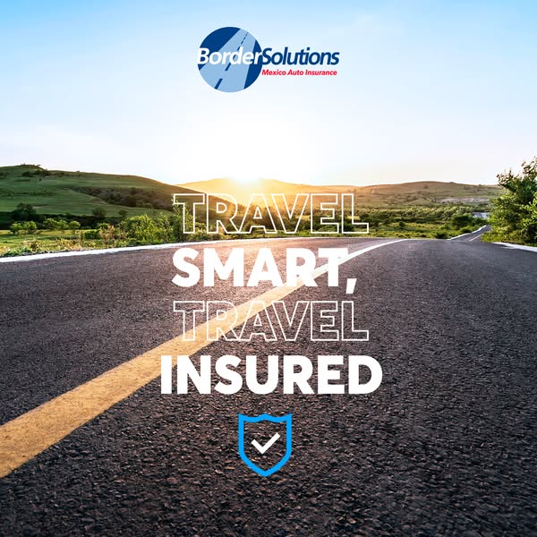 Empty road with yellow centre line leading to hills at sunrise, 'Travel smart, travel insured' text and blue shield icon