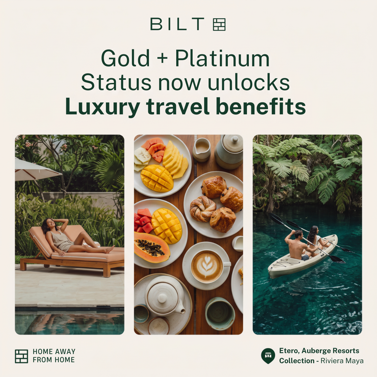 Bilt ad with headline about luxury travel benefits above three resort photos: poolside lounger, breakfast spread, kayaking