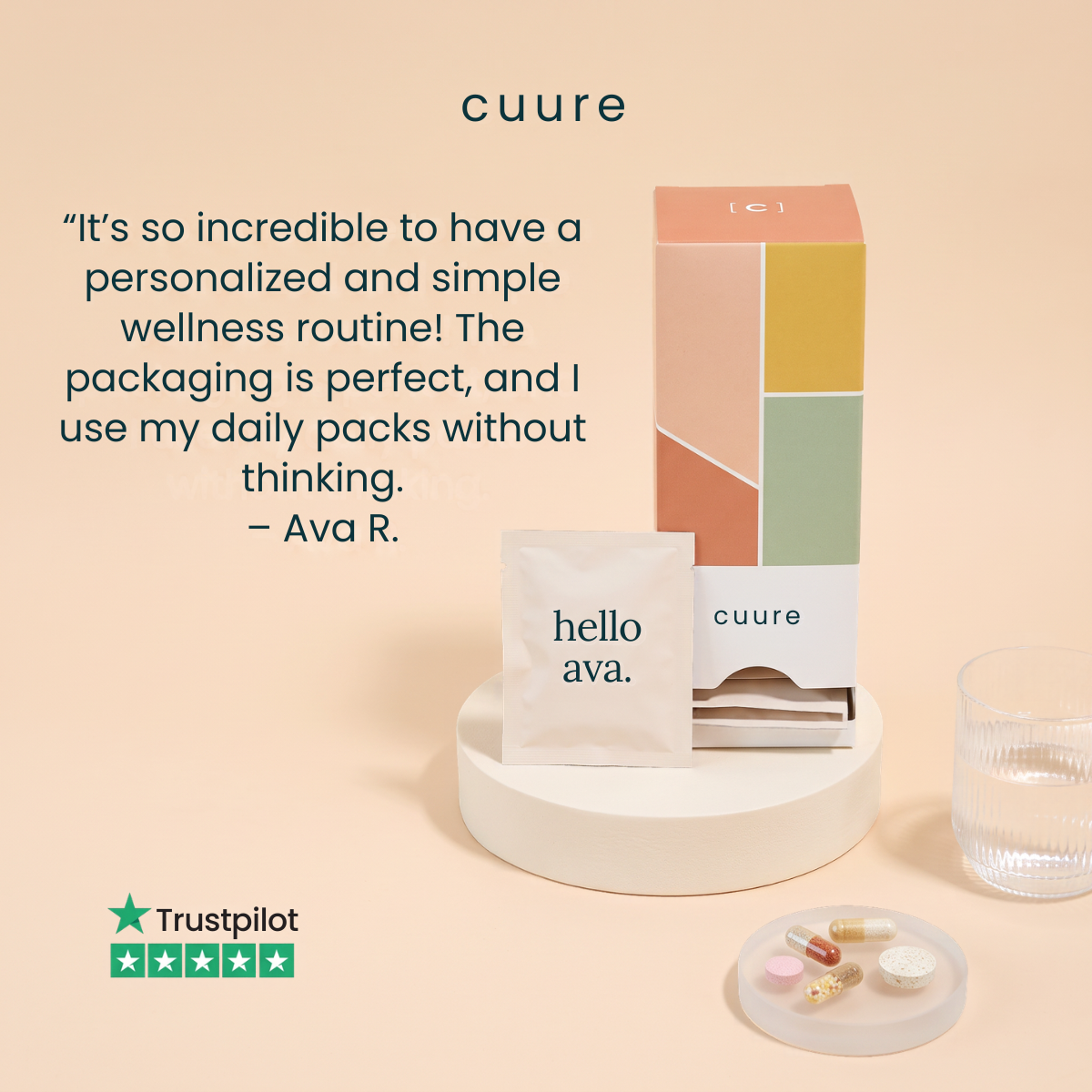 Cuure ad with customer quote, Trustpilot 5 stars, colourful vitamin box, hello ava sachet, pills and a glass of water