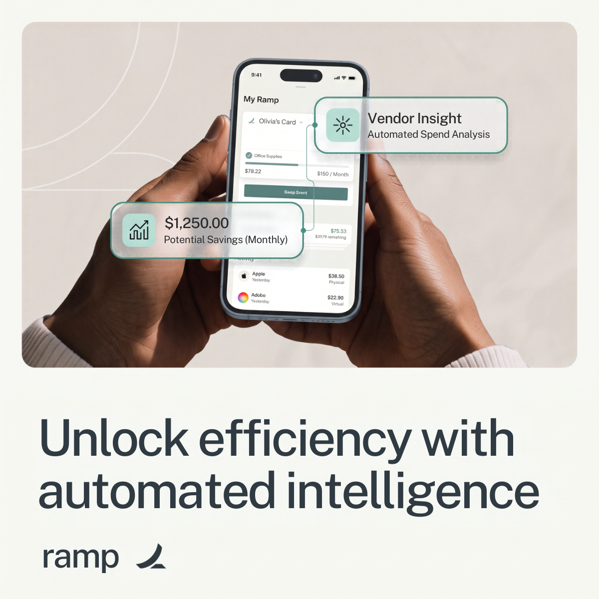Hands holding a phone with the Ramp app, callouts for Vendor Insight and $1,250 monthly savings on a soft beige background