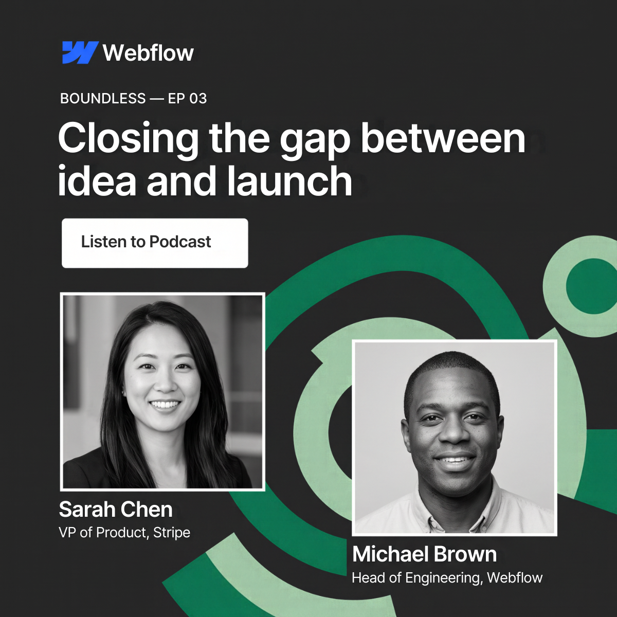 Webflow podcast ad with two black-and-white guest portraits, episode title and Listen to Podcast button on dark background
