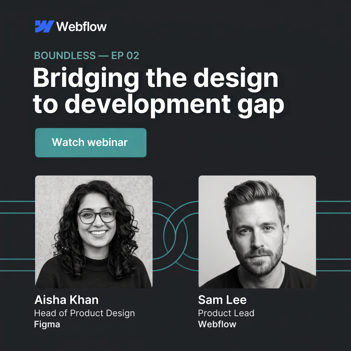 Dark Webflow webinar ad with headline about the design to development gap, teal Watch webinar button and 2 speaker portraits