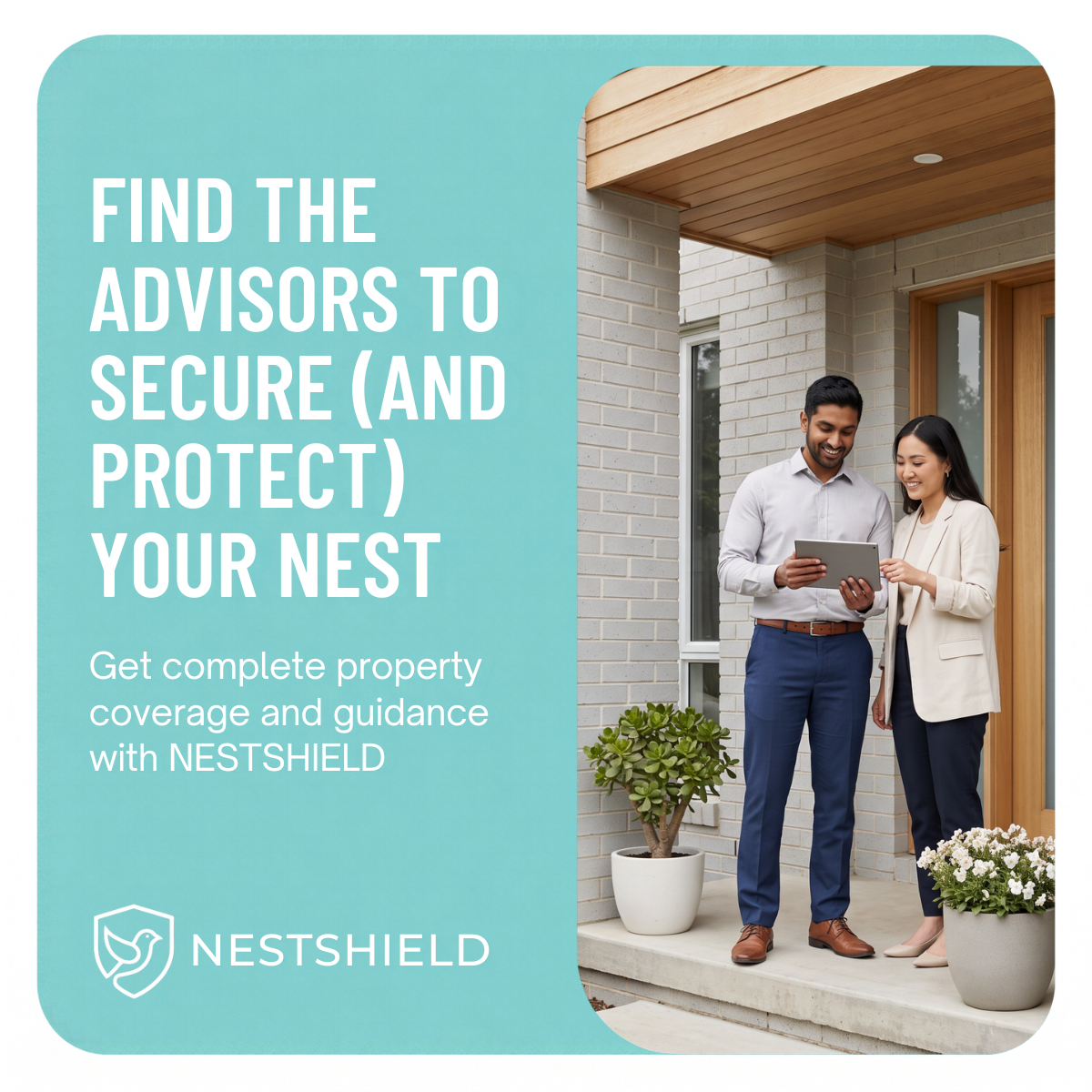 Smiling couple on the porch of a modern brick home looking at a tablet, beside a NestShield headline on turquoise