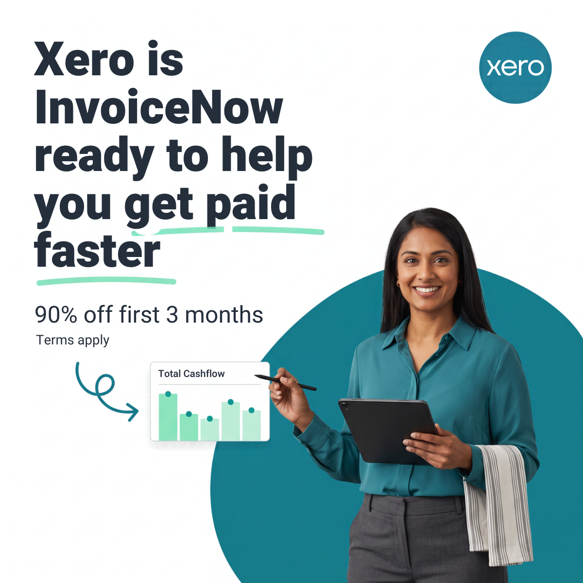Smiling business owner with a tablet beside a cashflow chart, Xero logo and headline about getting paid faster with 90% off